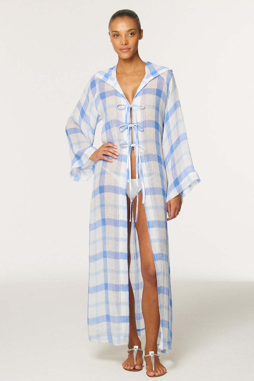 THE BEACH CAPE in BLUE & WHITE WINDOWPANE GAUZE