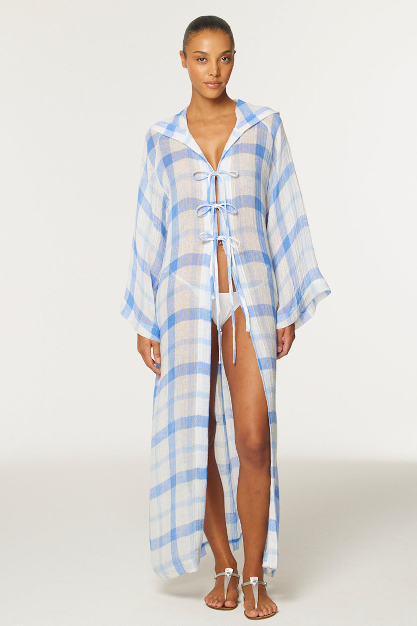 THE BEACH CAPE in BLUE & WHITE WINDOWPANE GAUZE