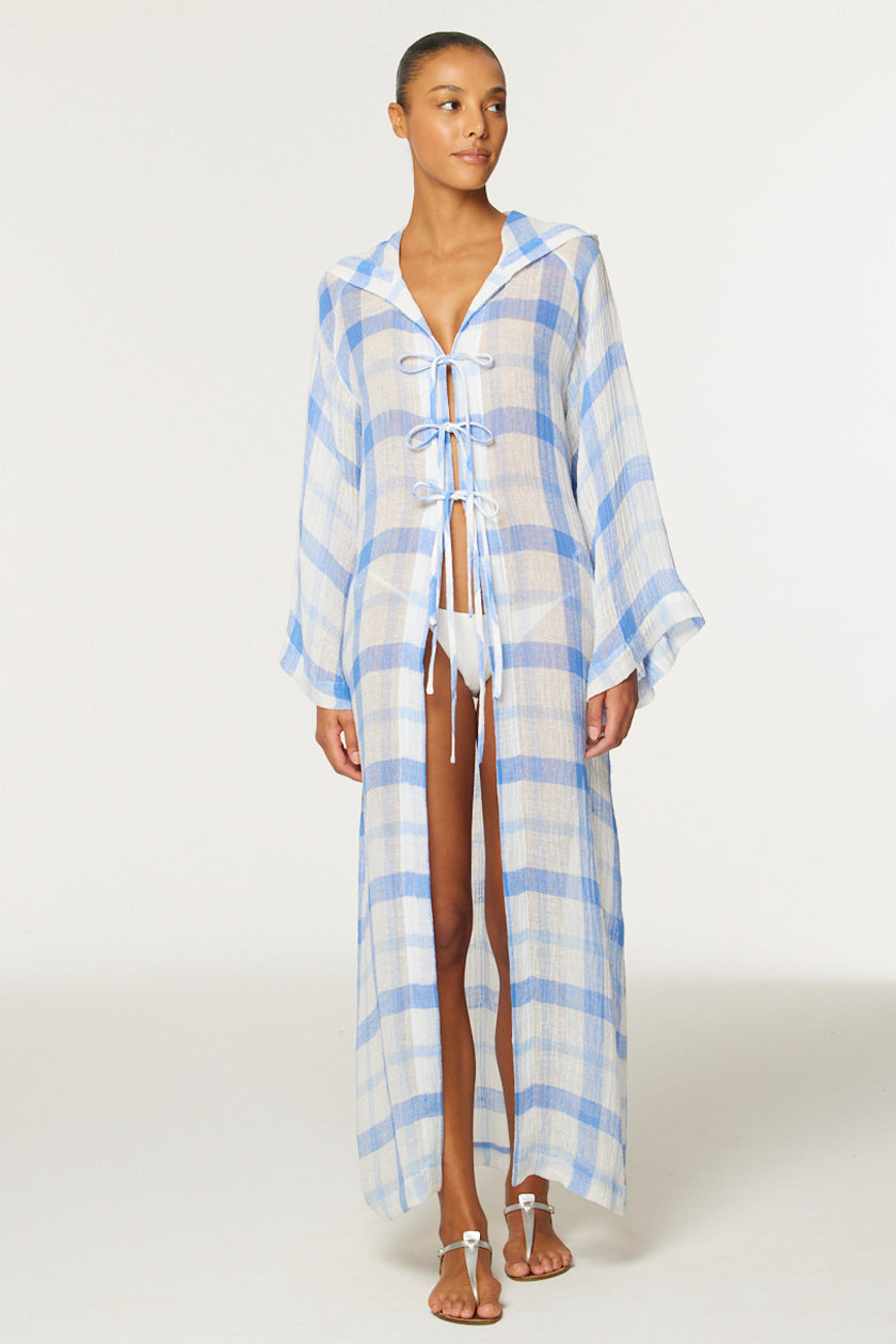 THE BEACH CAPE in BLUE & WHITE WINDOWPANE GAUZE
