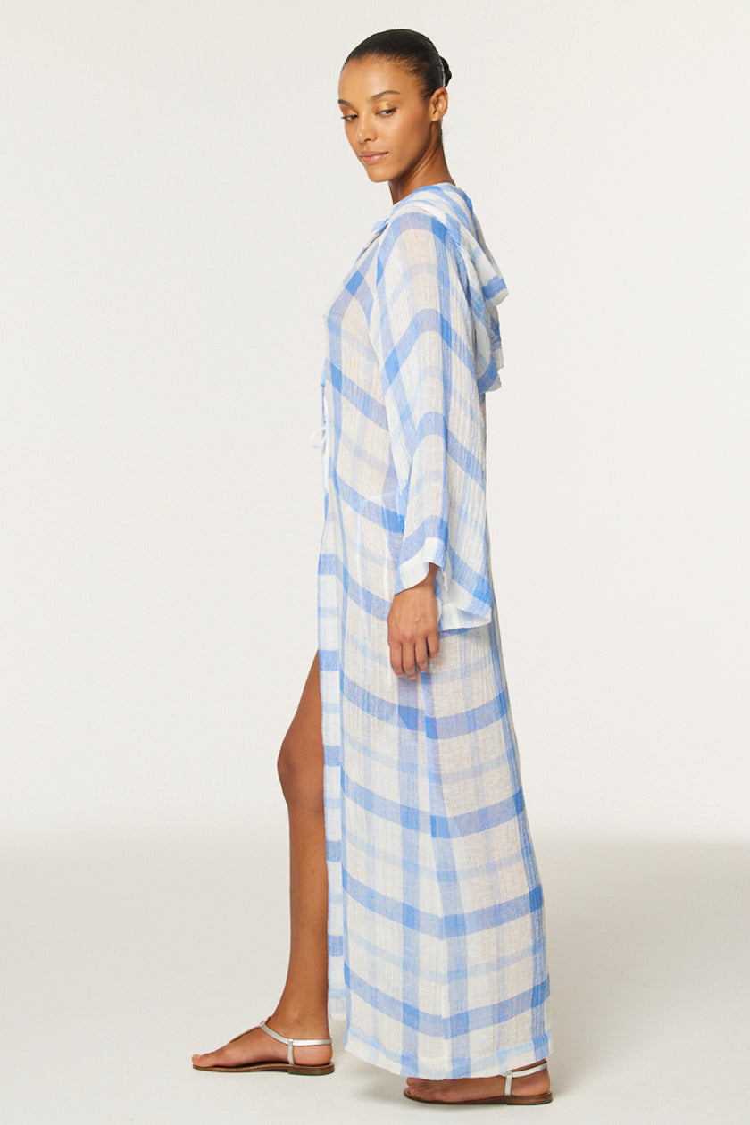 THE BEACH CAPE in BLUE & WHITE WINDOWPANE GAUZE