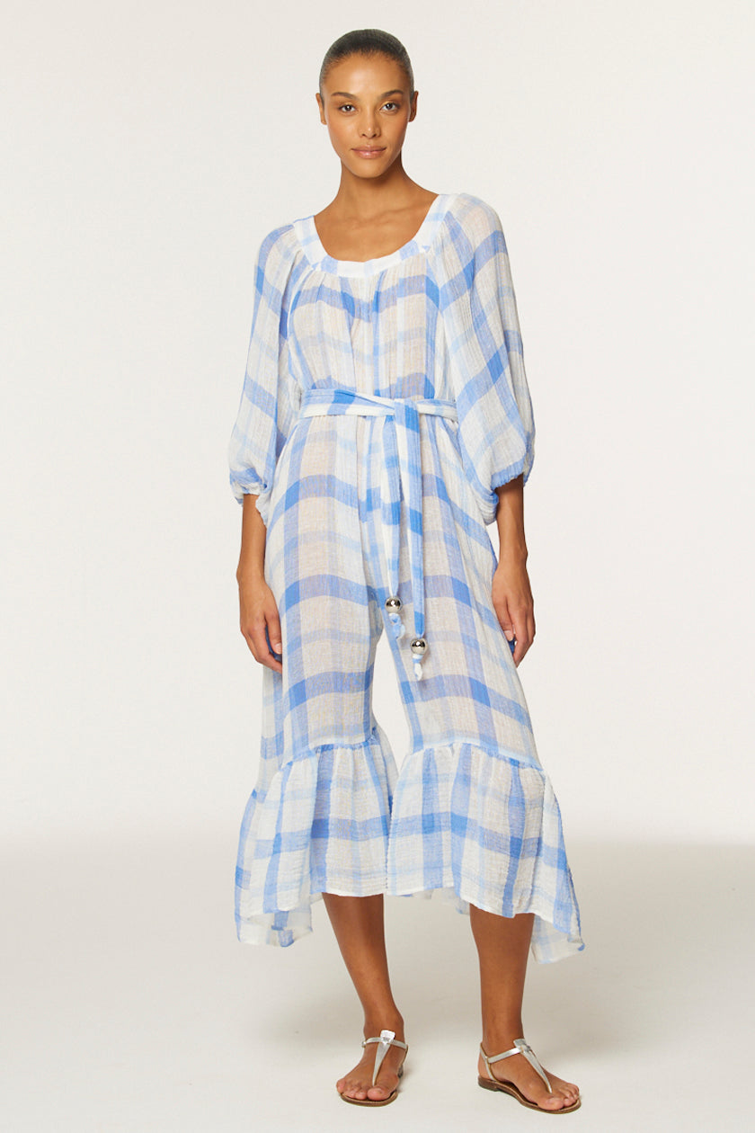 THE LAURE JUMPSUIT in BLUE & WHITE WINDOWPANE GAUZE
