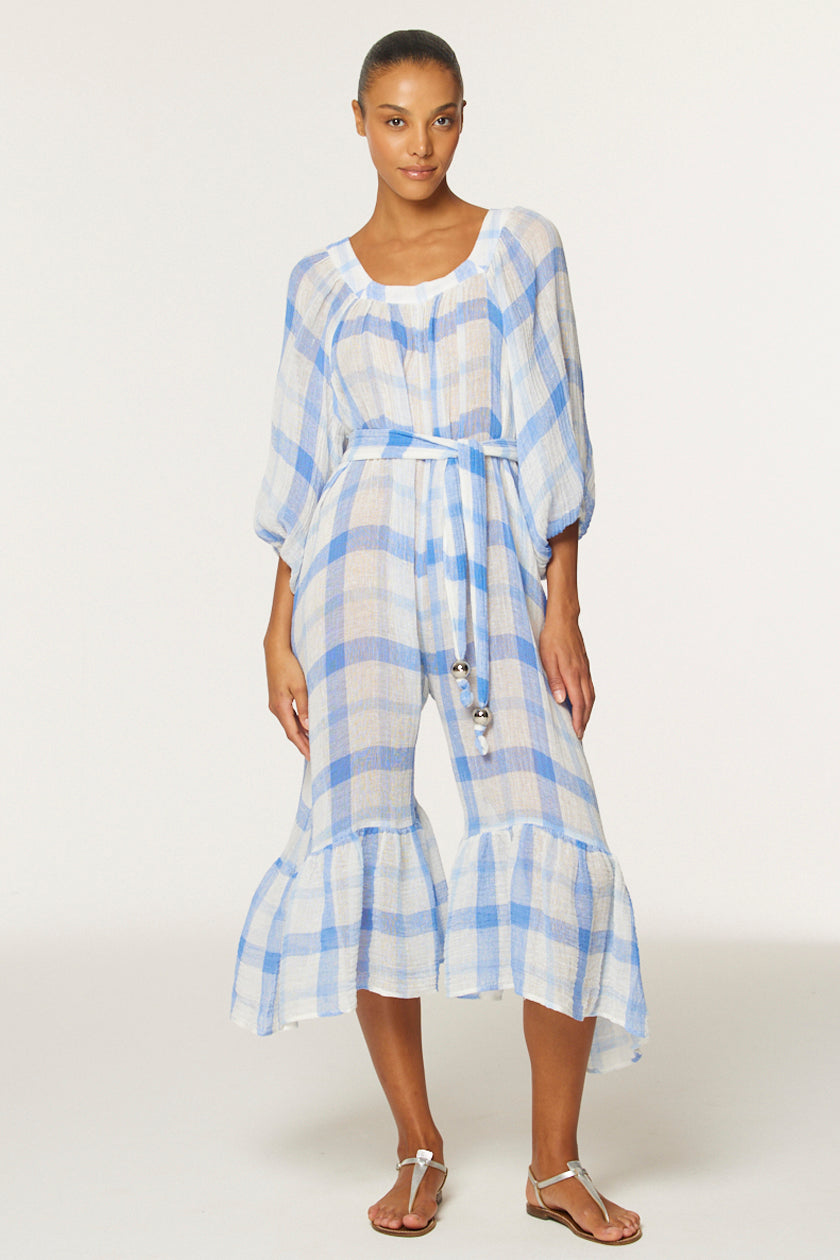 THE LAURE JUMPSUIT in BLUE & WHITE WINDOWPANE GAUZE