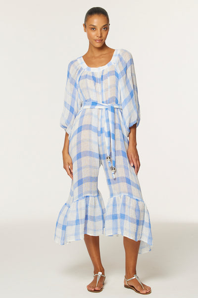 THE LAURE JUMPSUIT in BLUE & WHITE WINDOWPANE GAUZE