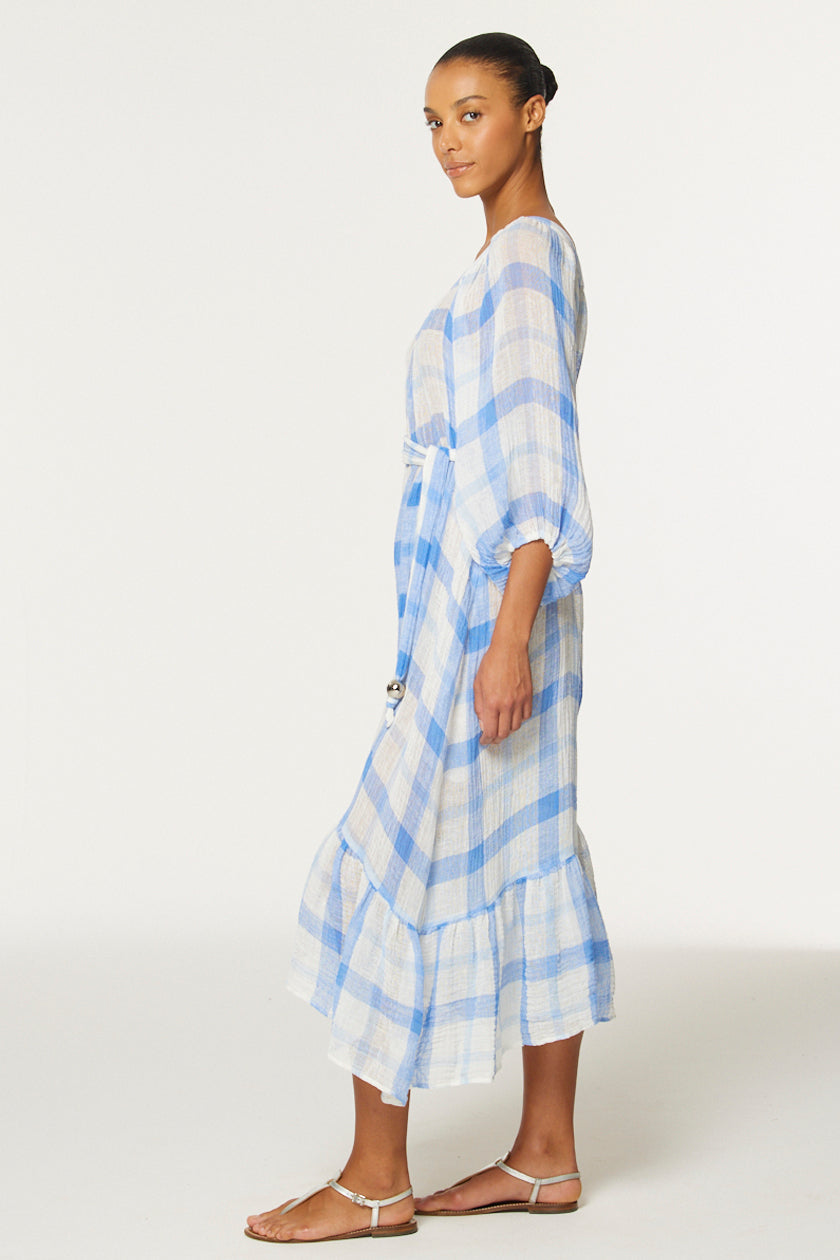 THE LAURE JUMPSUIT in BLUE & WHITE WINDOWPANE GAUZE