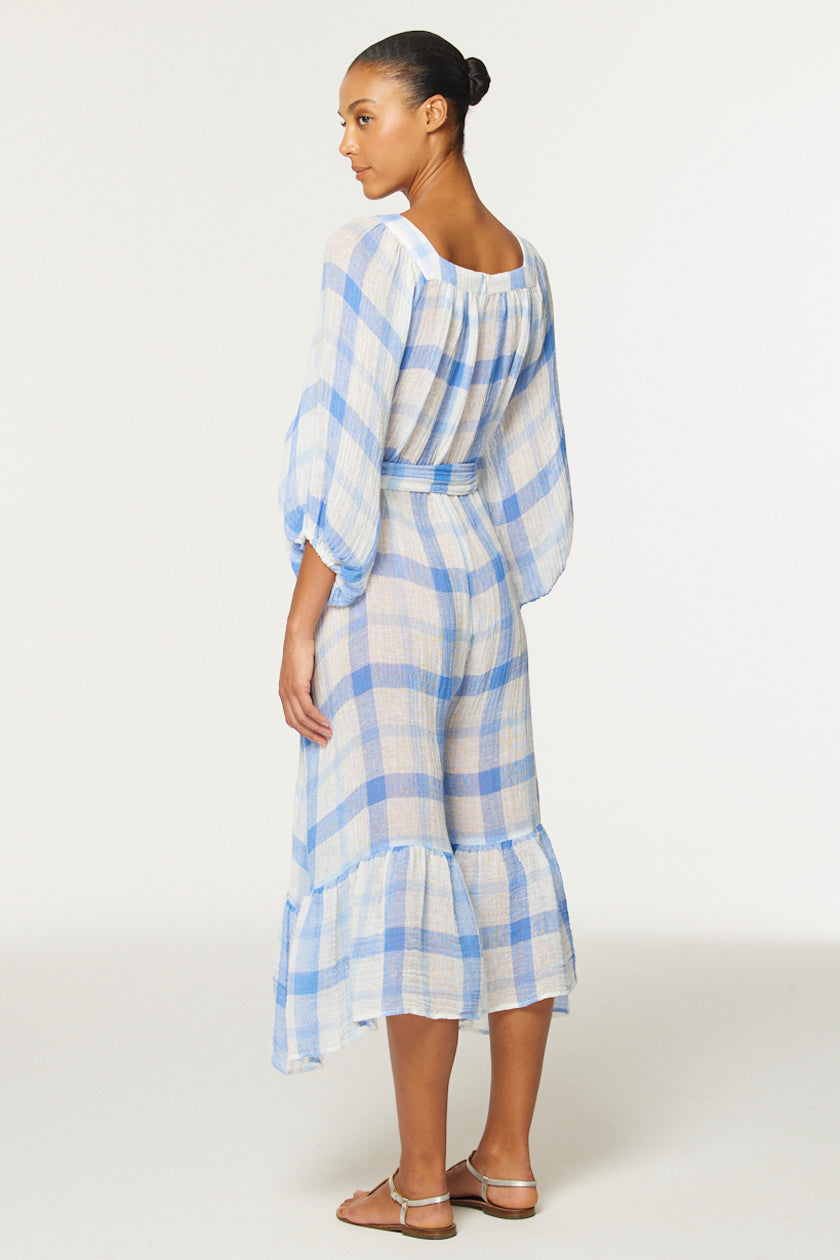THE LAURE JUMPSUIT in BLUE & WHITE WINDOWPANE GAUZE