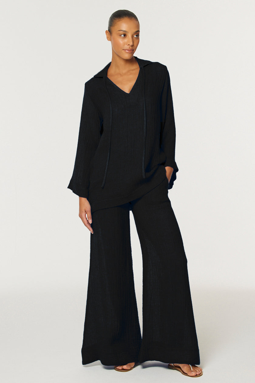 THE LOW-WAIST WIDE LEG PANT in BLACK GAUZE