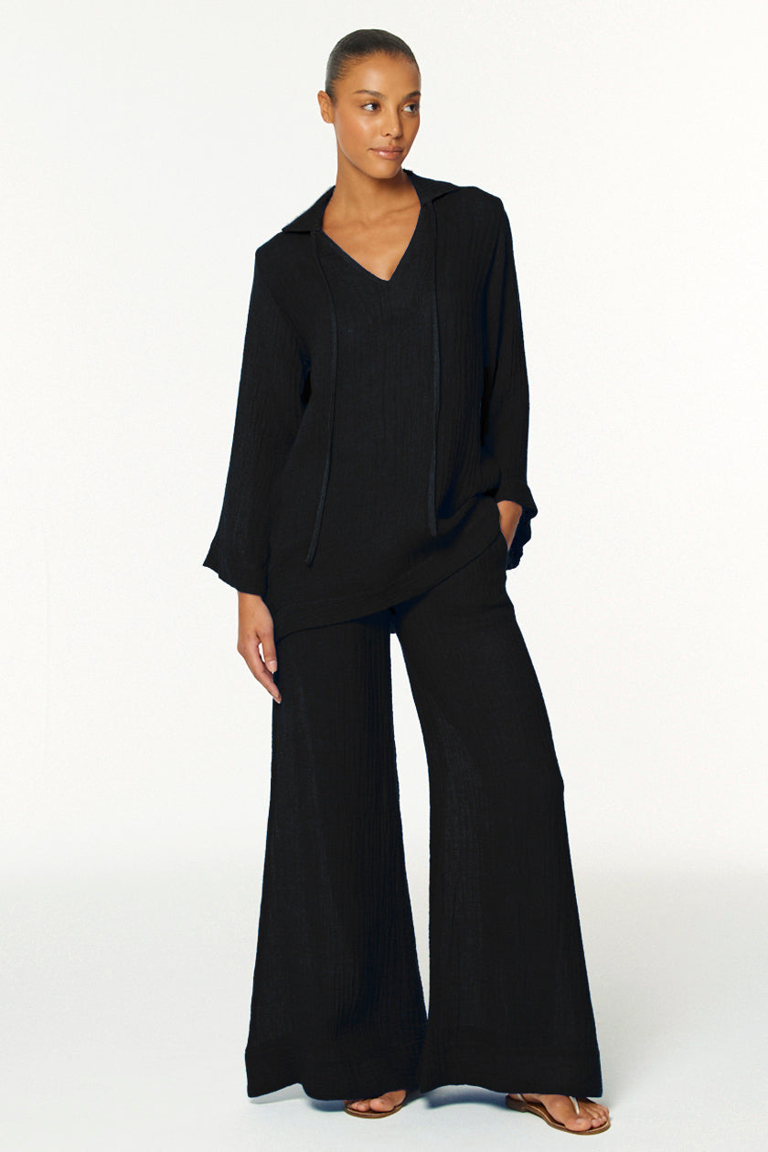 THE LOW-WAIST WIDE LEG PANT in BLACK ORGANIC GAUZE
