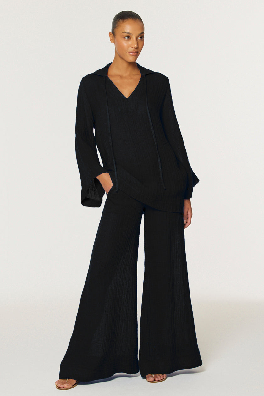 THE LOW-WAIST WIDE LEG PANT in BLACK GAUZE