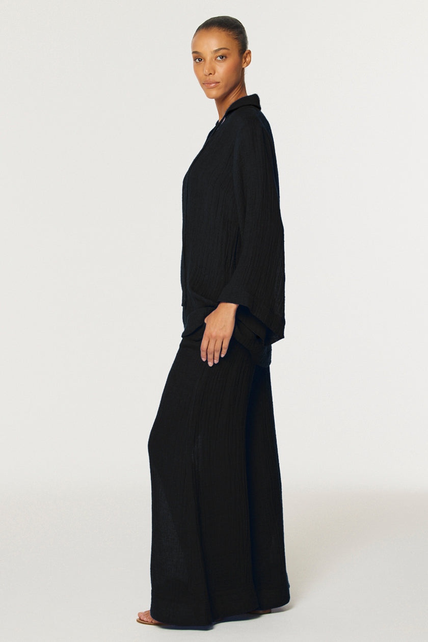 THE LOW-WAIST WIDE LEG PANT in BLACK GAUZE