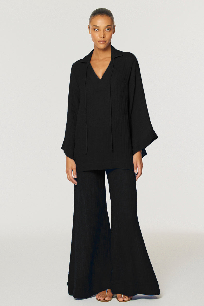 THE LOW-WAIST WIDE LEG PANT in BLACK GAUZE