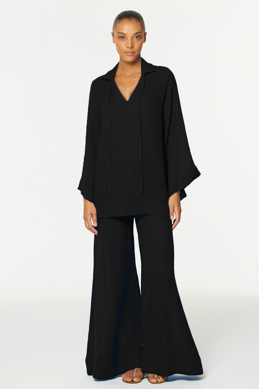 THE LOW-WAIST WIDE LEG PANT in BLACK ORGANIC GAUZE