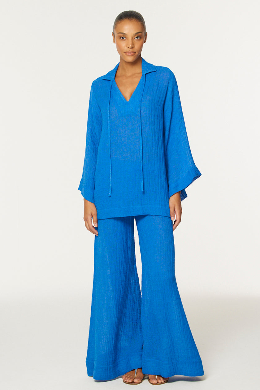 THE LOW-WAIST WIDE LEG PANT in COBALT BLUE GAUZE