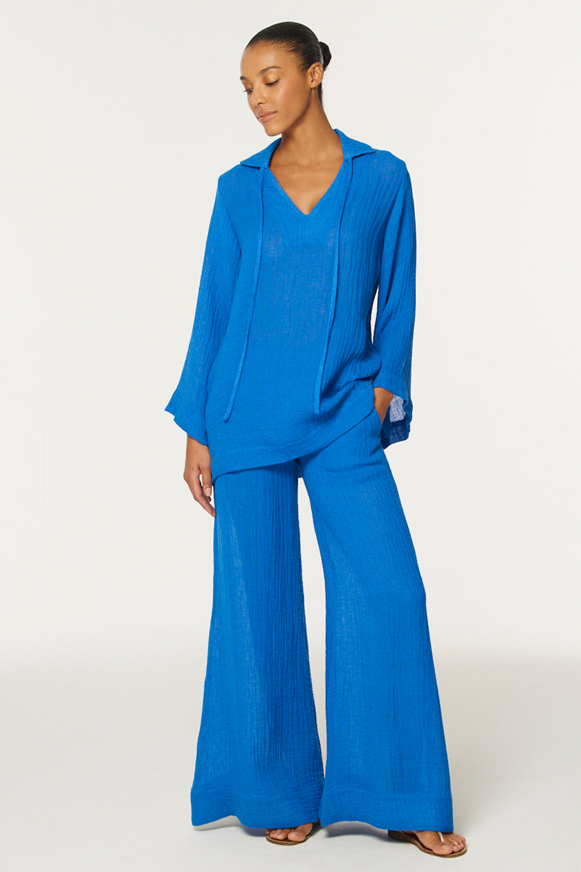 THE LOW-WAIST WIDE LEG PANT in COBALT BLUE GAUZE