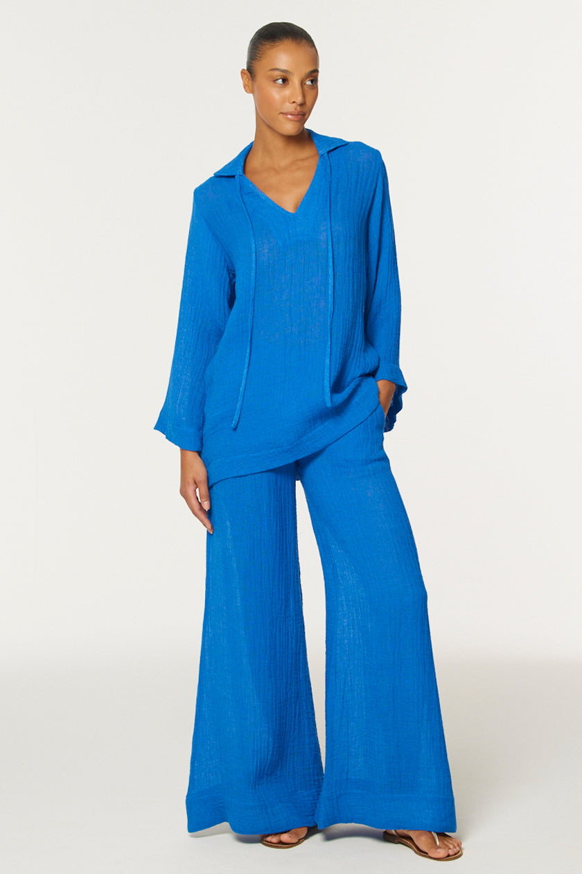 THE LOW-WAIST WIDE LEG PANT in COBALT BLUE GAUZE