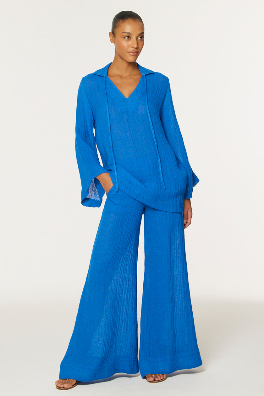THE LOW-WAIST WIDE LEG PANT in COBALT BLUE GAUZE