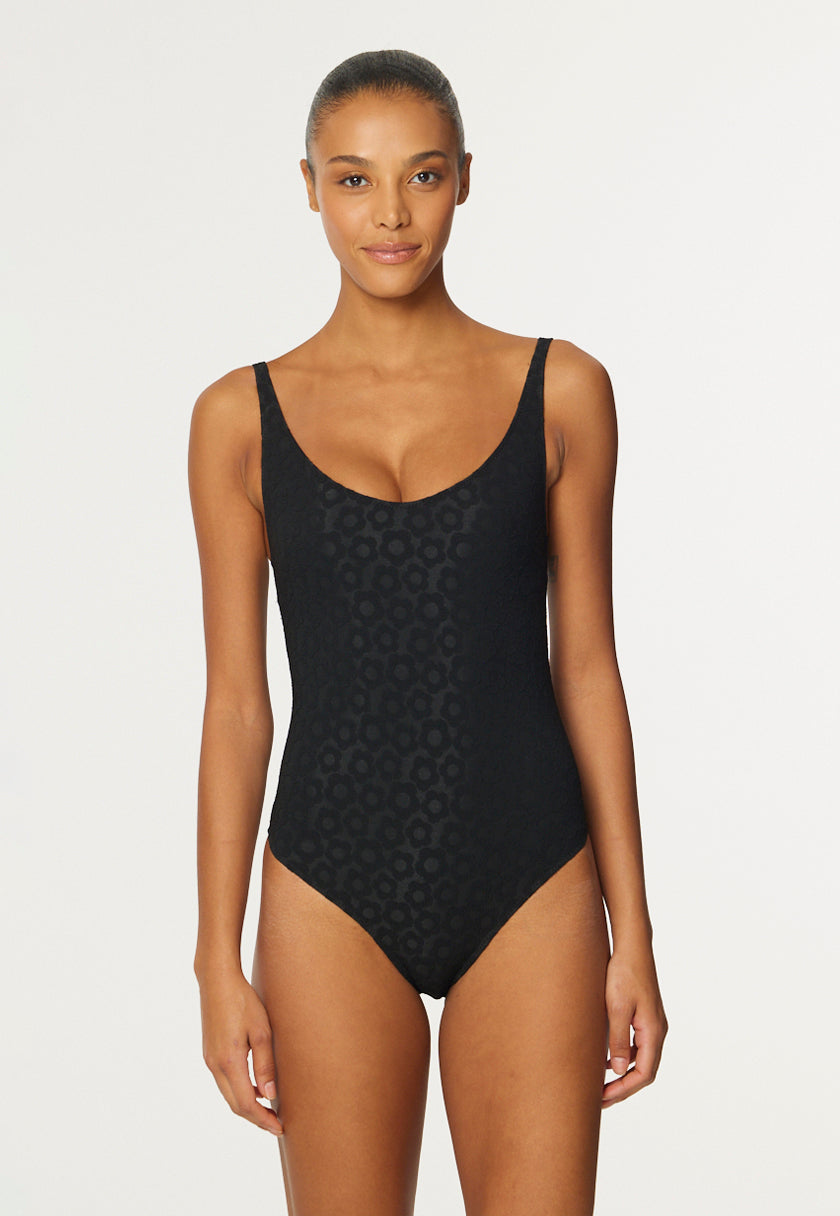 THE MARILYN MAILLOT in BLACK SIXTIES FLORAL JACQUARD