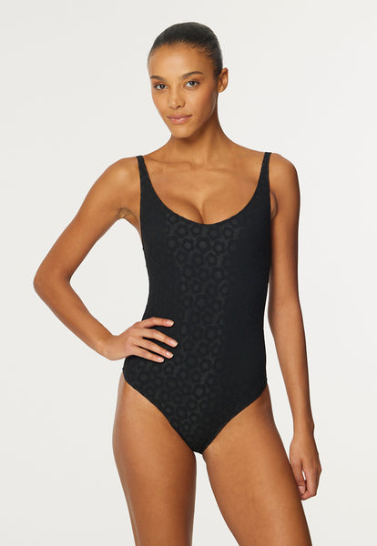 THE MARILYN MAILLOT in BLACK SIXTIES FLORAL JACQUARD