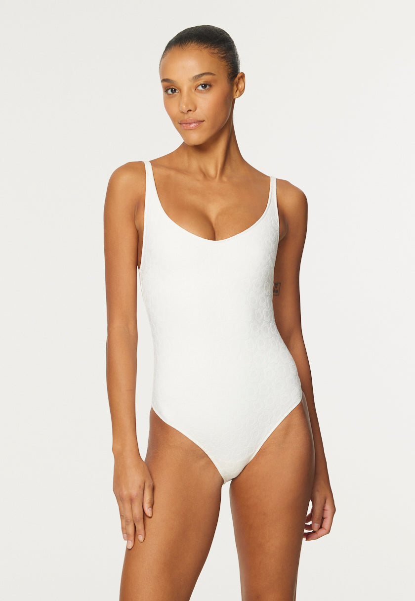 THE MARILYN MAILLOT in WHITE SIXTIES FLORAL JACQUARD