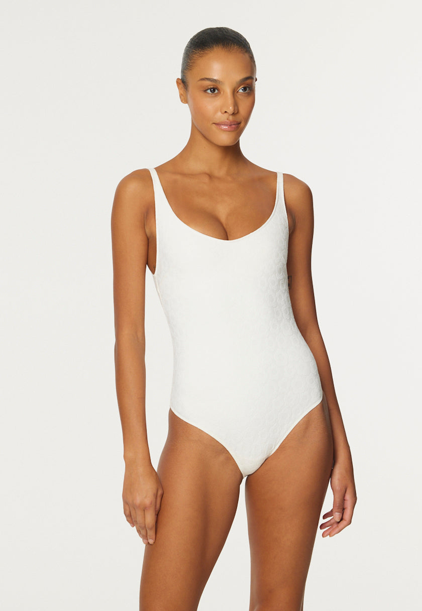 THE MARILYN MAILLOT in WHITE SIXTIES FLORAL JACQUARD