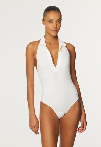 THE POLO MAILLOT in WHITE SIXTIES FLORAL JACQUARD