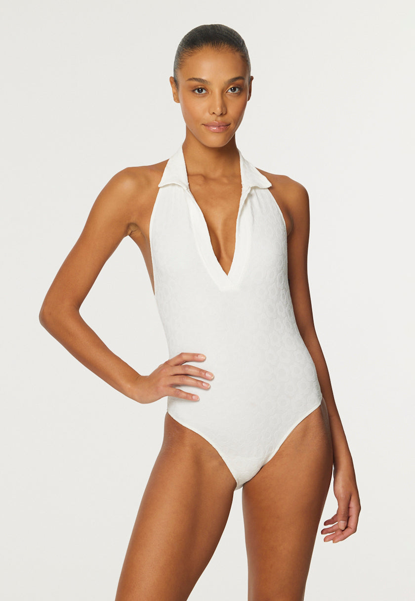 THE POLO MAILLOT in WHITE SIXTIES FLORAL JACQUARD