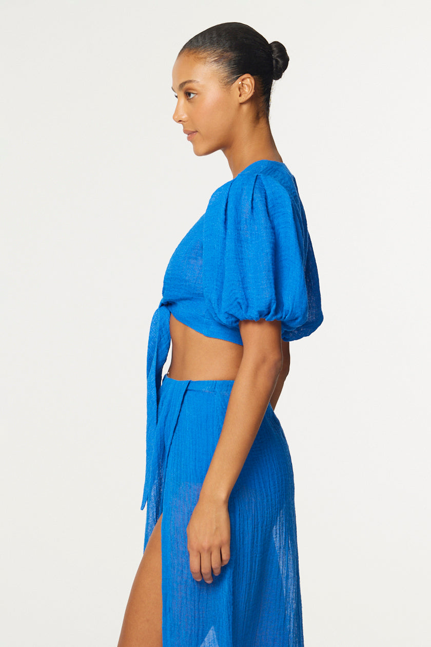 THE POUF TIE BLOUSE in COBALT BLUE GAUZE