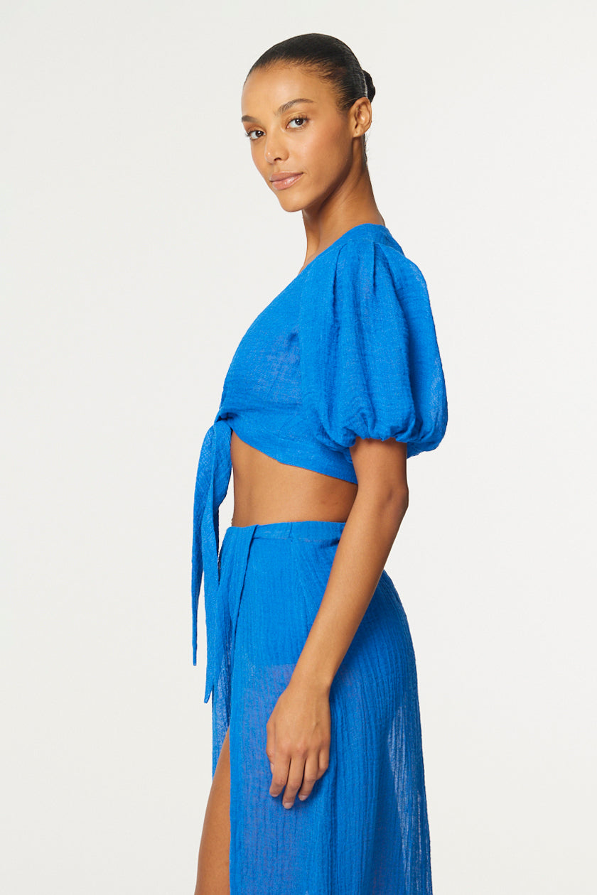 THE POUF TIE BLOUSE in COBALT BLUE GAUZE