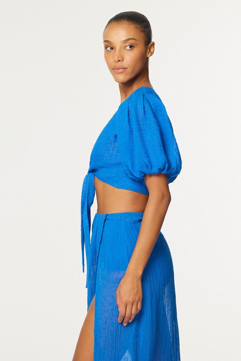 THE POUF TIE BLOUSE in COBALT BLUE GAUZE