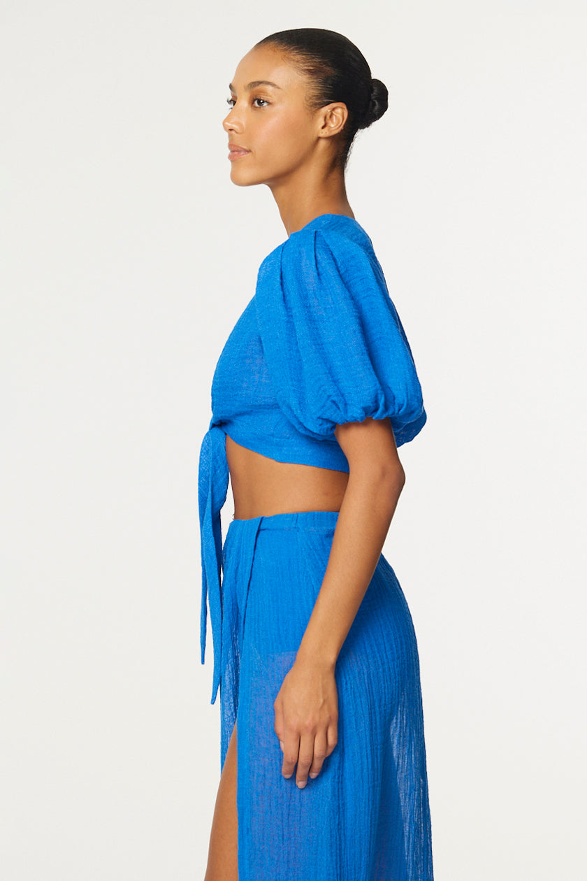 THE POUF TIE BLOUSE in COBALT BLUE GAUZE