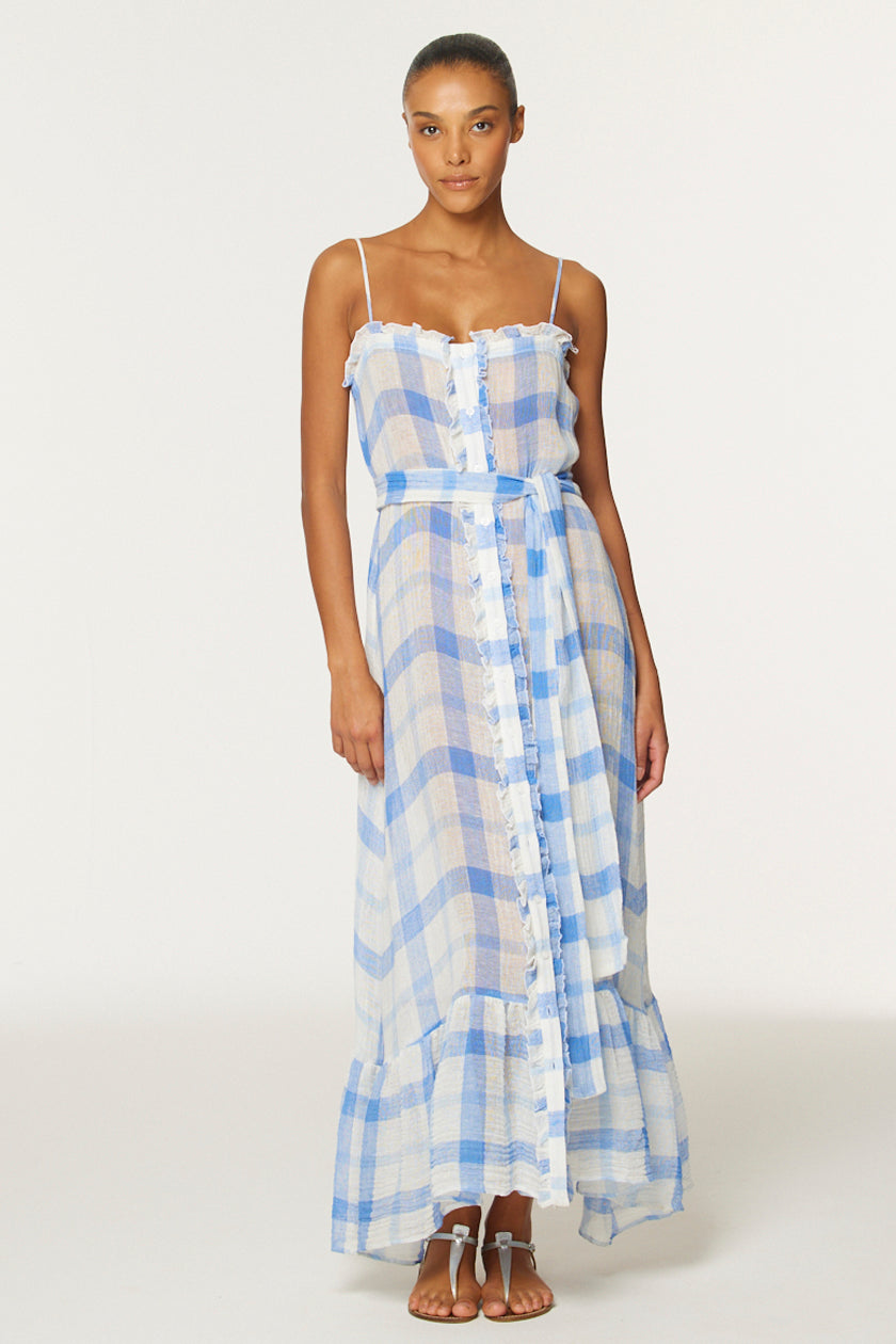 THE RUFFLE SLIP DRESS in BLUE & WHITE WINDOWPANE GAUZE