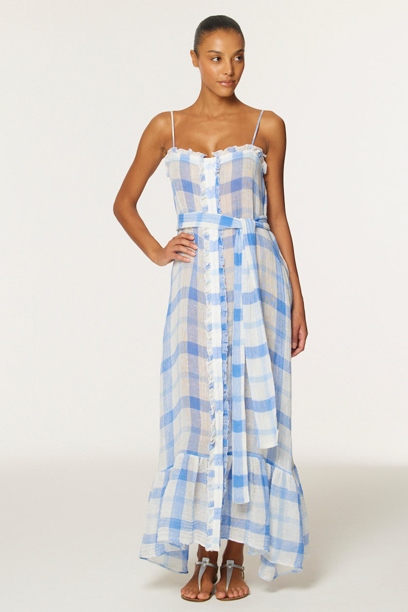 THE RUFFLE SLIP DRESS in BLUE & White Windowpane Gauze Blue/White Windowpane Sorrento Gauze / 2026SP179 BWWSG / 4