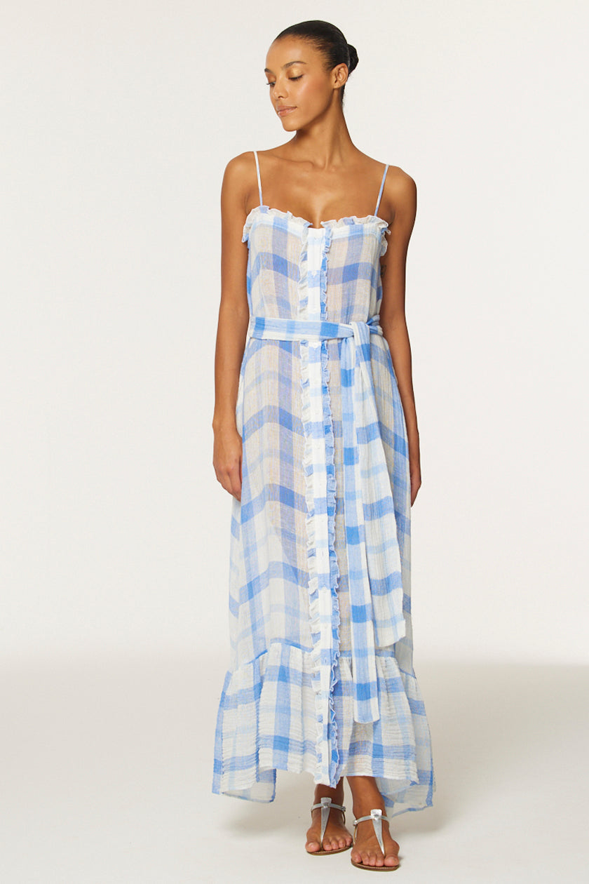 THE RUFFLE SLIP DRESS in BLUE & WHITE WINDOWPANE GAUZE
