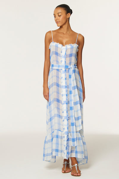 THE RUFFLE SLIP DRESS in BLUE & WHITE WINDOWPANE GAUZE