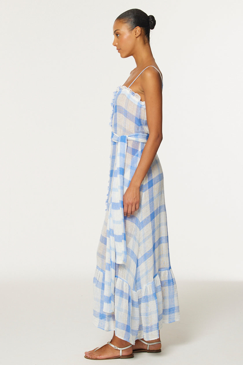 THE RUFFLE SLIP DRESS in BLUE & WHITE WINDOWPANE GAUZE