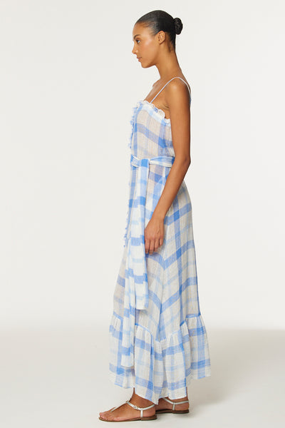 THE RUFFLE SLIP DRESS in BLUE & WHITE WINDOWPANE GAUZE