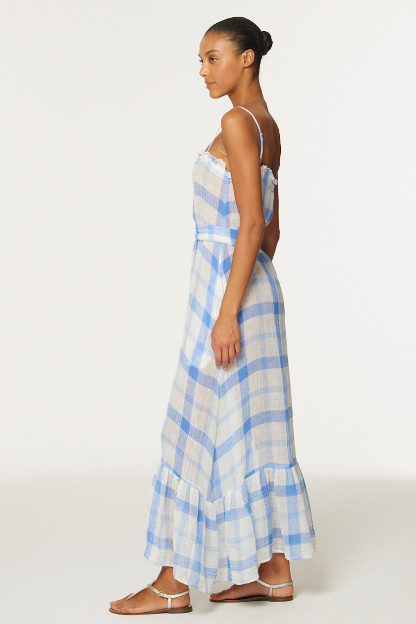 THE RUFFLE SLIP DRESS in BLUE & WHITE WINDOWPANE GAUZE