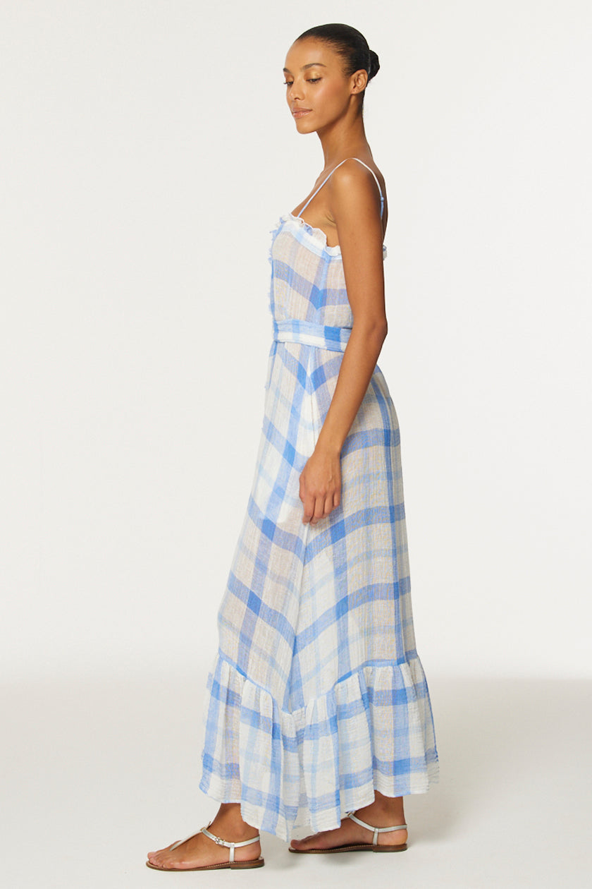 THE RUFFLE SLIP DRESS in BLUE & WHITE WINDOWPANE GAUZE