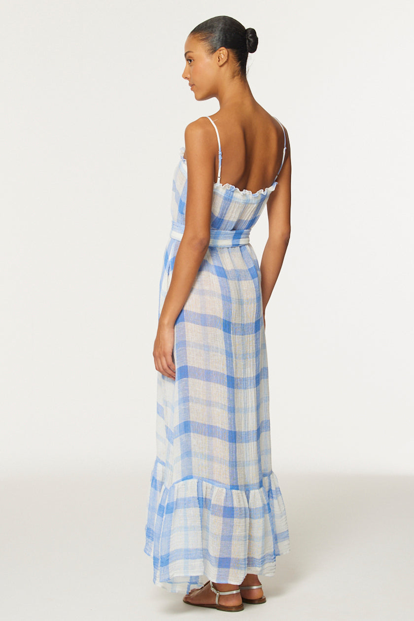THE RUFFLE SLIP DRESS in BLUE & WHITE WINDOWPANE GAUZE