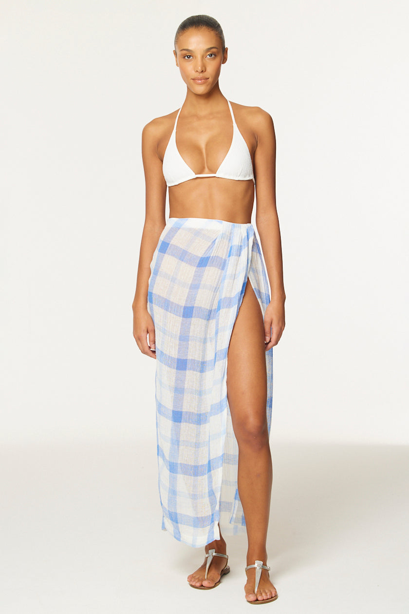 THE SARONG SKIRT in BLUE & WHITE WINDOWPANE GAUZE