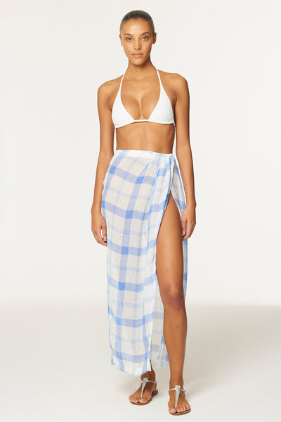 THE SARONG SKIRT in BLUE & WHITE WINDOWPANE GAUZE