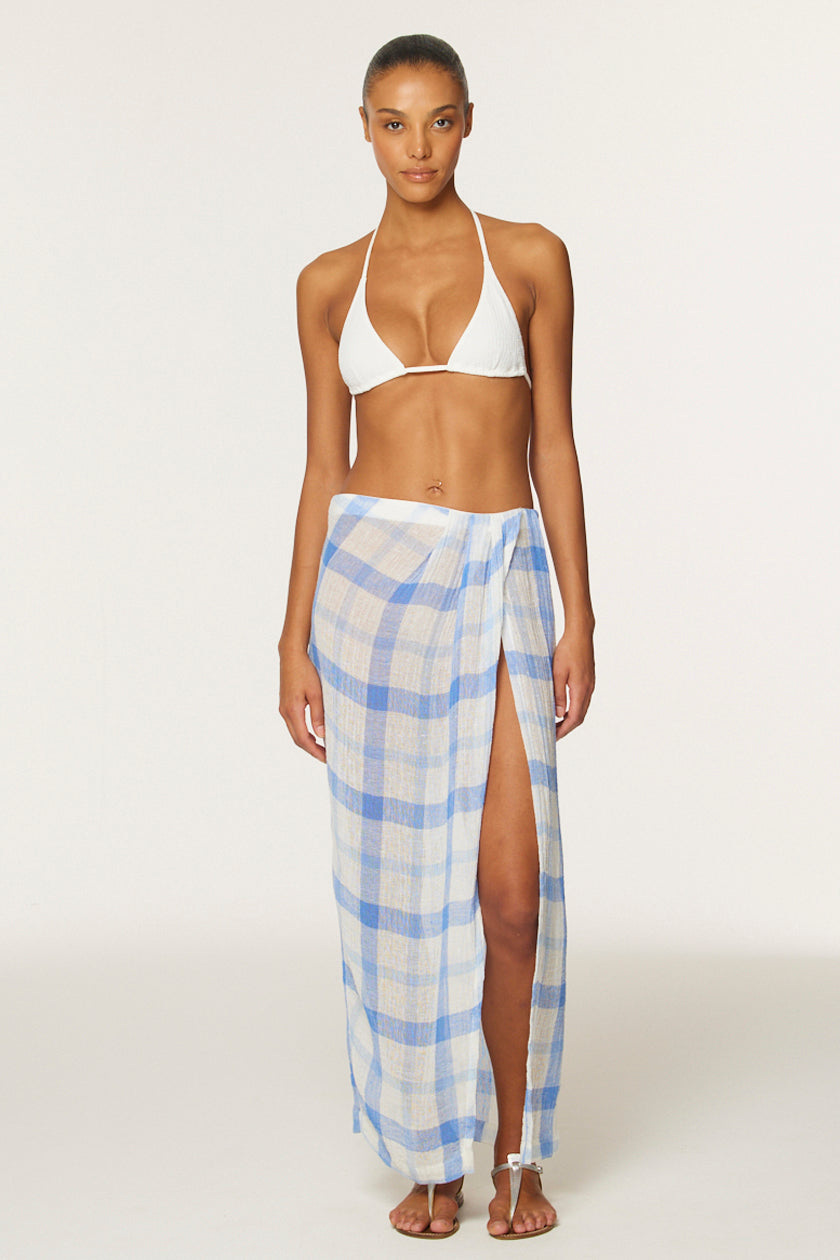 THE SARONG SKIRT in BLUE & WHITE WINDOWPANE GAUZE