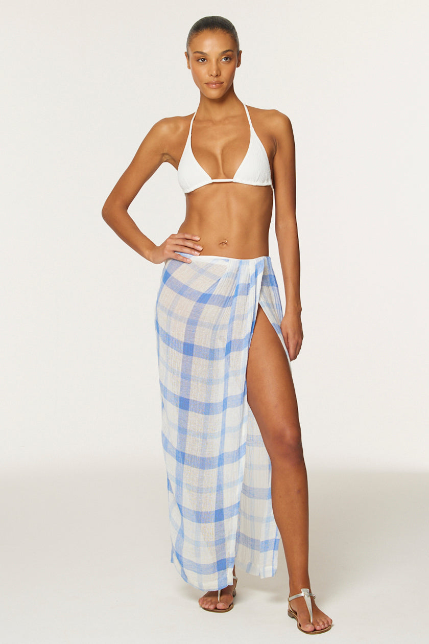 THE SARONG SKIRT in BLUE & WHITE WINDOWPANE GAUZE