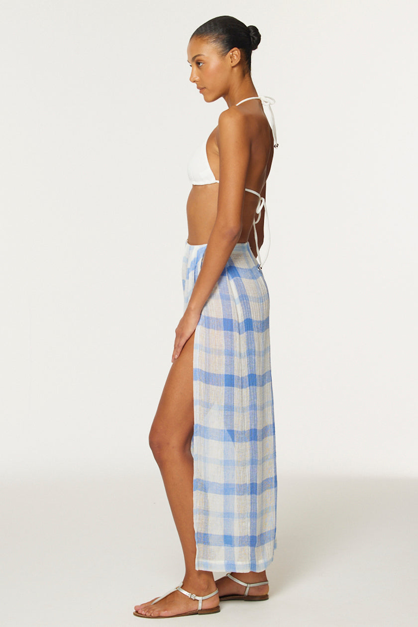 THE SARONG SKIRT in BLUE & WHITE WINDOWPANE GAUZE