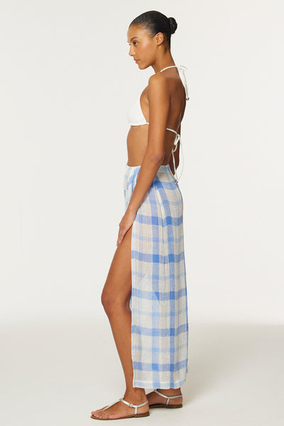 THE SARONG SKIRT in BLUE & WHITE WINDOWPANE GAUZE