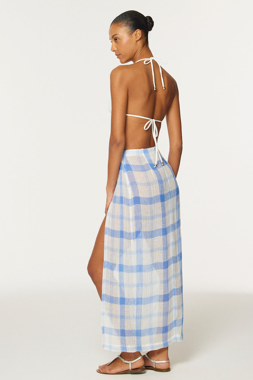 THE SARONG SKIRT in BLUE & WHITE WINDOWPANE GAUZE