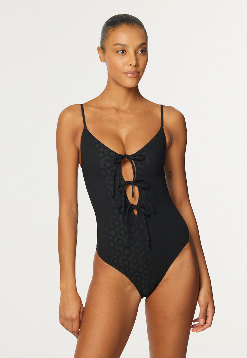 THE THREE TIE MAILLOT in BLACK SIXTIES FLORAL JACQUARD
