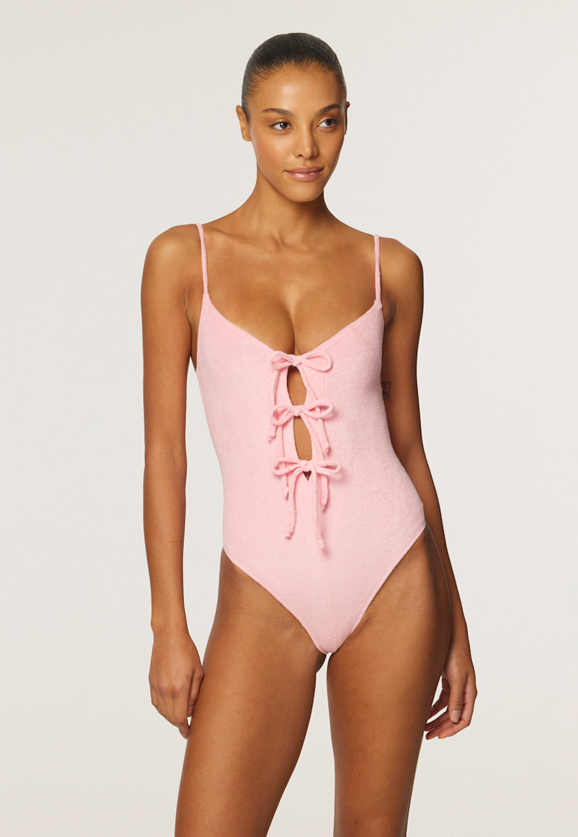 THE THREE TIE MAILLOT in PINK TERRY CLOTH