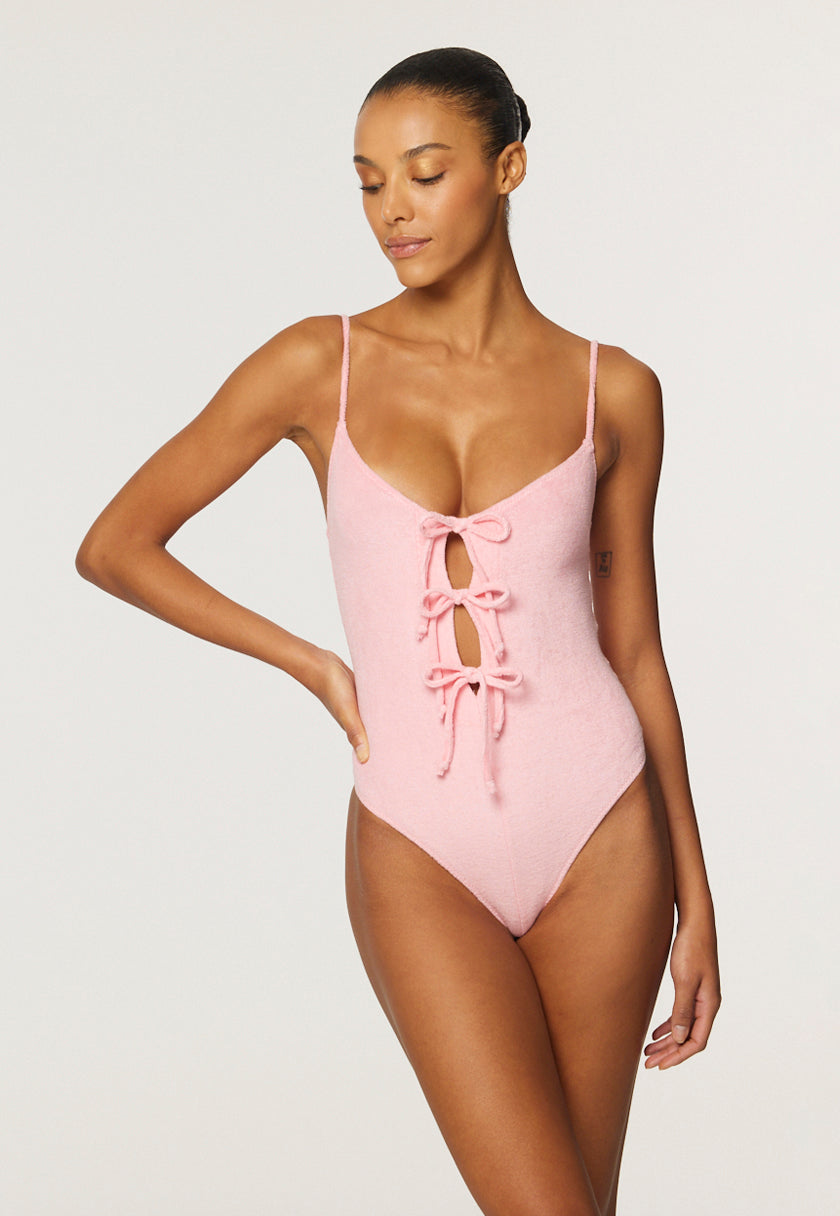 THE THREE TIE MAILLOT in PINK TERRY CLOTH