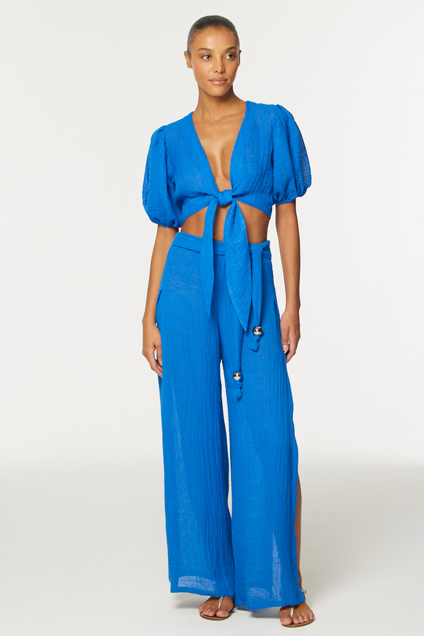 THE WIDE LEG OPEN-SIDE PANT in COBALT BLUE GAUZE