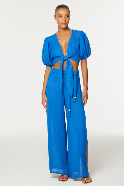 THE WIDE LEG OPEN-SIDE PANT in COBALT BLUE GAUZE
